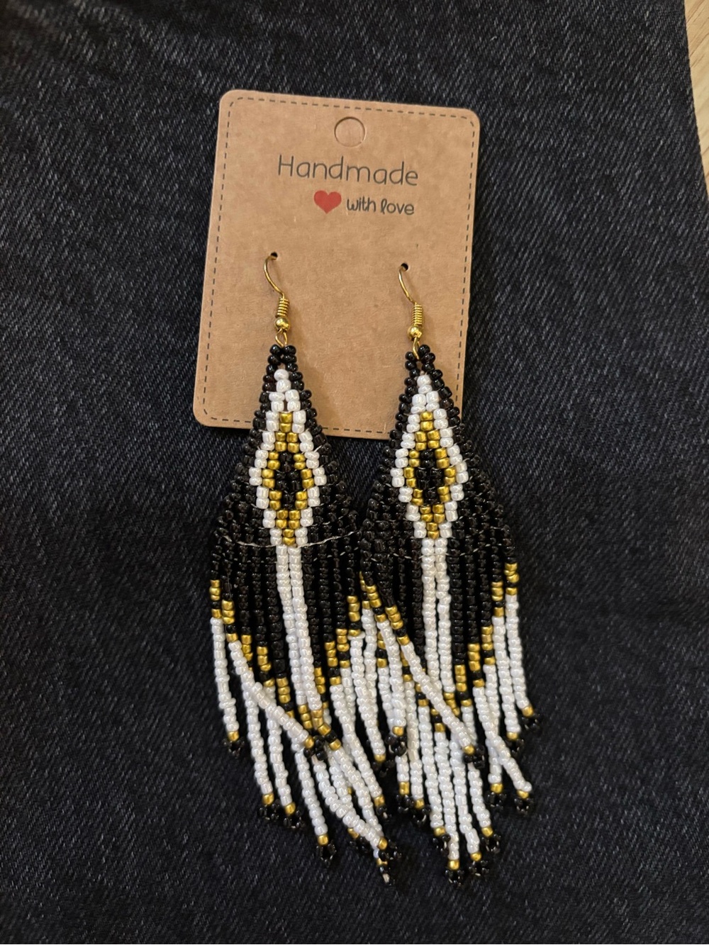 Handmade Black, White & Gold Beaded Fringe Earrings